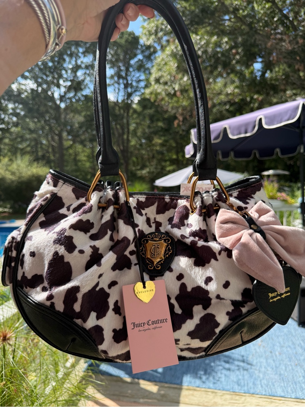 Juicy Couture Black & White Cowprint Shoulder Bag with Pink Bow Charm